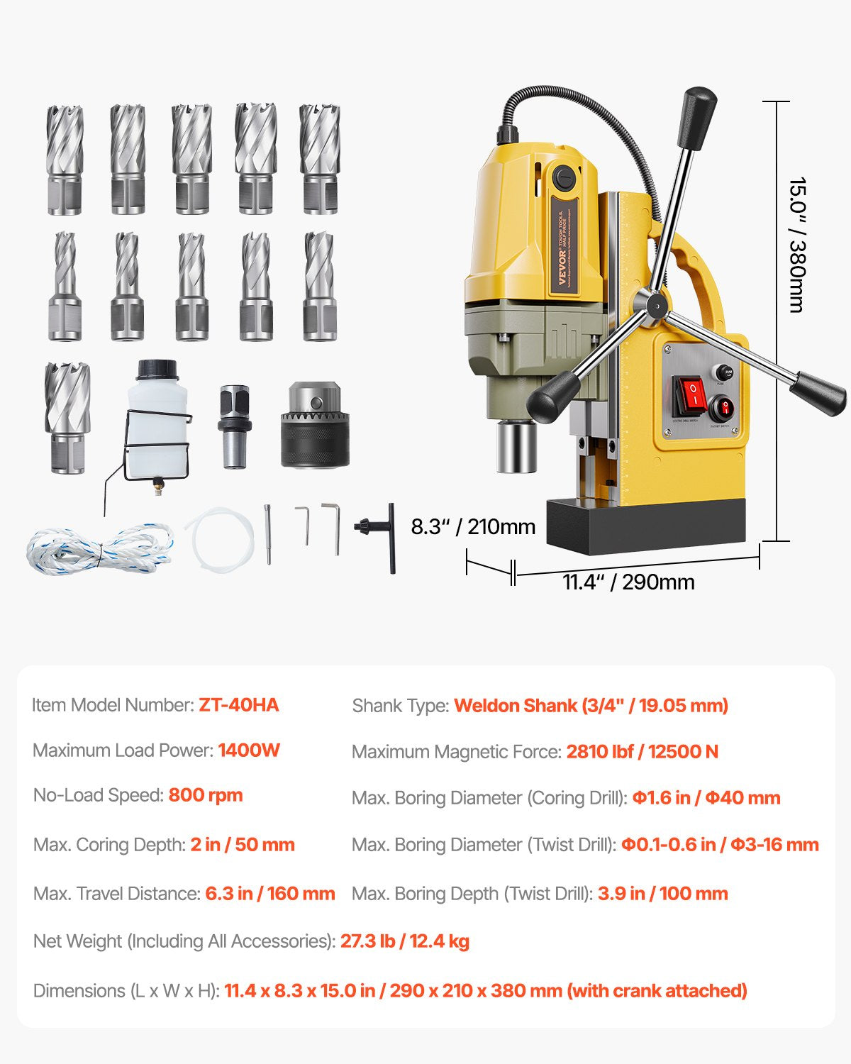 Magnetic Drill, 1400W Motor 1.6 in Boring Diameter, 2810 lbf Portable Electric Mag Drill Press, with 11 Coring Bits, 800 RPM Speed, Drilling Machine for Metal Surface, Home Improvement Industry