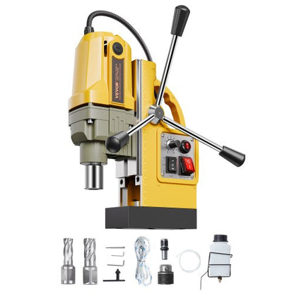 Magnetic Drill, 1200W Motor 1.6 in Boring Diameter, 2810 lbf Electric Mag Drill Press, with 2 Coring Bits, Variable Speed, Drilling Machine for Metal Surface, Home Improvement Industry, Yellow