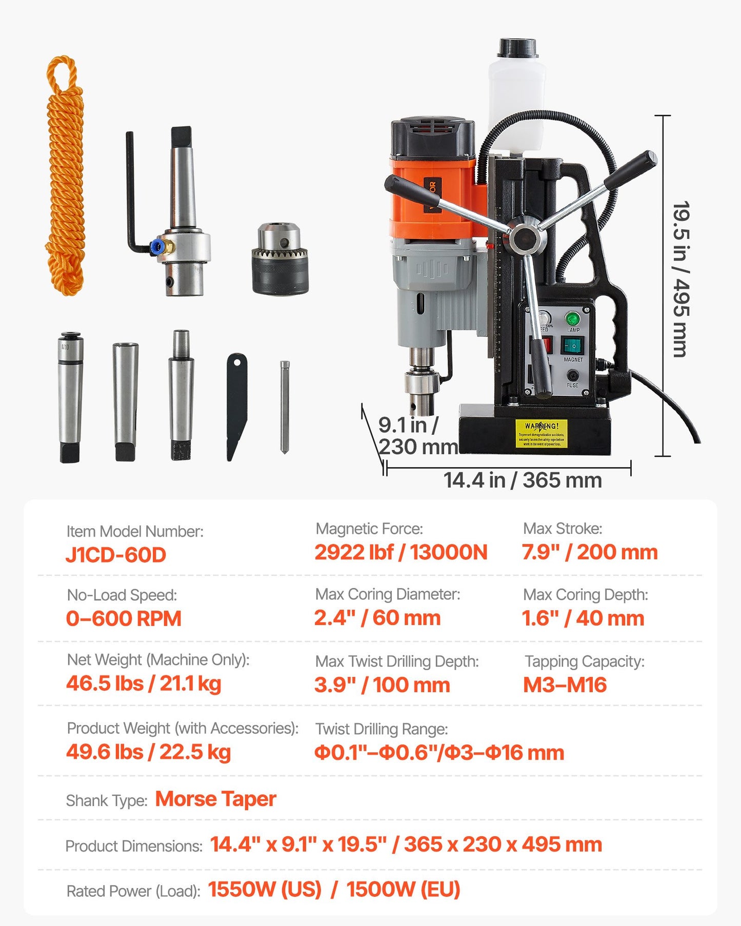 Magnetic Drill Press, 1500 W, 60 mm Boring Diameter, 13000N Power Mag Drill Press, 0-600 RPM Adjustable Speed, Morse Taper, M3-M16 Tapping, for Metal Surface, Industrial and Home Improvement