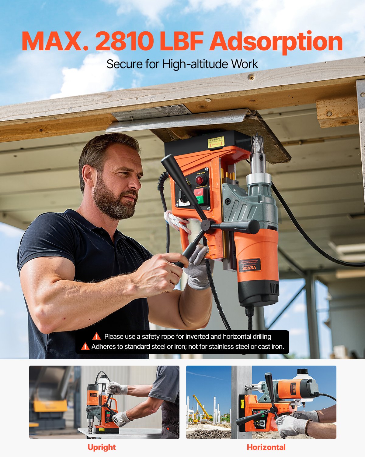 Magnetic Drill, 1450W Motor 1.6 in Boring Diameter, 2810 lbf Portable Electric Mag Drill Press, with 2 Coring Bits, Variable Speed, Drilling Machine for Metal Surface, Home Improvement Industry