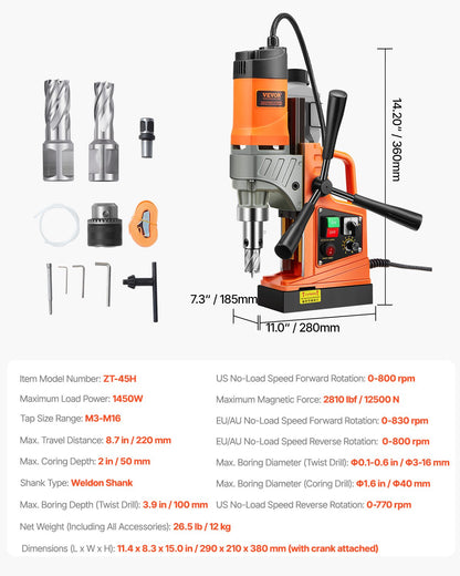Magnetic Drill, 1450W Motor 1.6 in Boring Diameter, 2810 lbf Portable Electric Mag Drill Press, with 2 Coring Bits, Variable Speed, Drilling Machine for Metal Surface, Home Improvement Industry