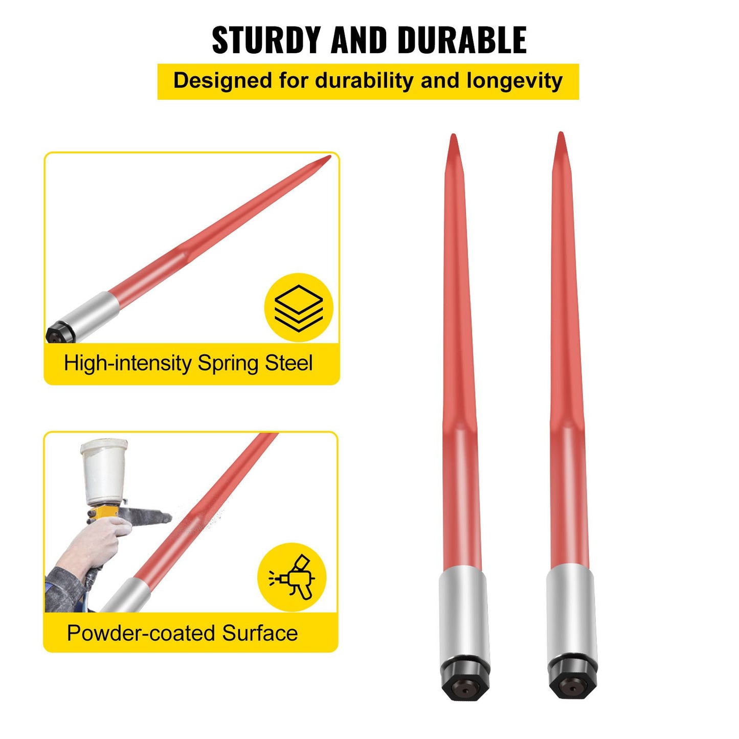 Pair Hay Spear 43" Bale Spear 3000 lbs Capacity, Bale Spike Quick Attach Square Hay Bale Spears 1 3/4", Red Coated Bale Forks, Bale Hay Spike with Hex Nut & Sleeve for Buckets Tractors Loaders