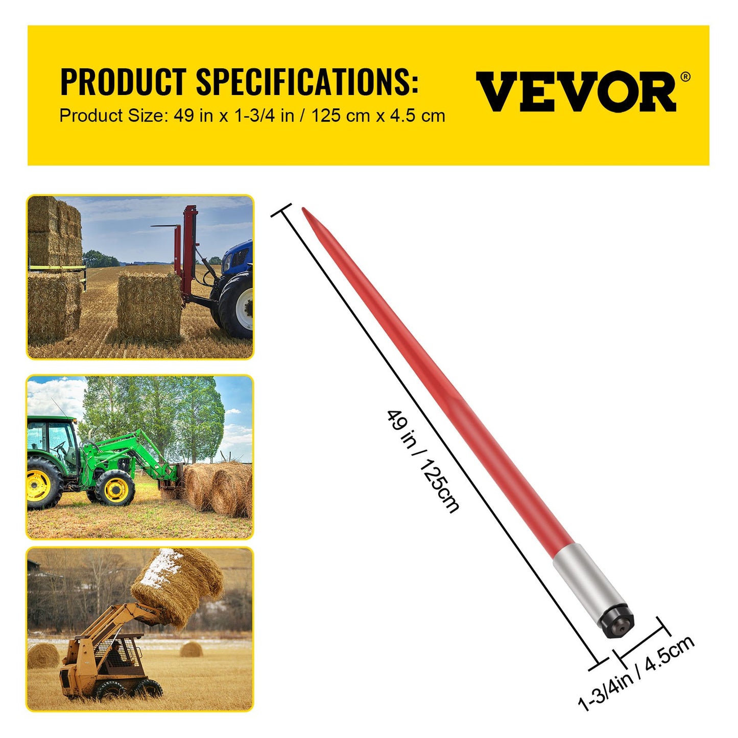 Hay Spear 49" Bale Spear 4500 lbs Capacity, Bale Spike Quick Attach Square Hay Bale Spears 1 3/4" wide, Red Coated Bale Forks, Bale Hay Spike with Hex Nut & Sleeve for Buckets Tractors Loaders