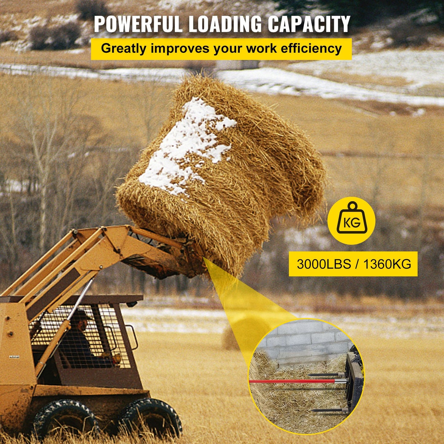 Hay Spear 49" Bale Spear 3000 lbs Capacity, Bale Spike Quick Attach Square Hay Bale Spears, Red Coated Bale Forks, Bale Hay Spike with 2 Stabilizer Spears