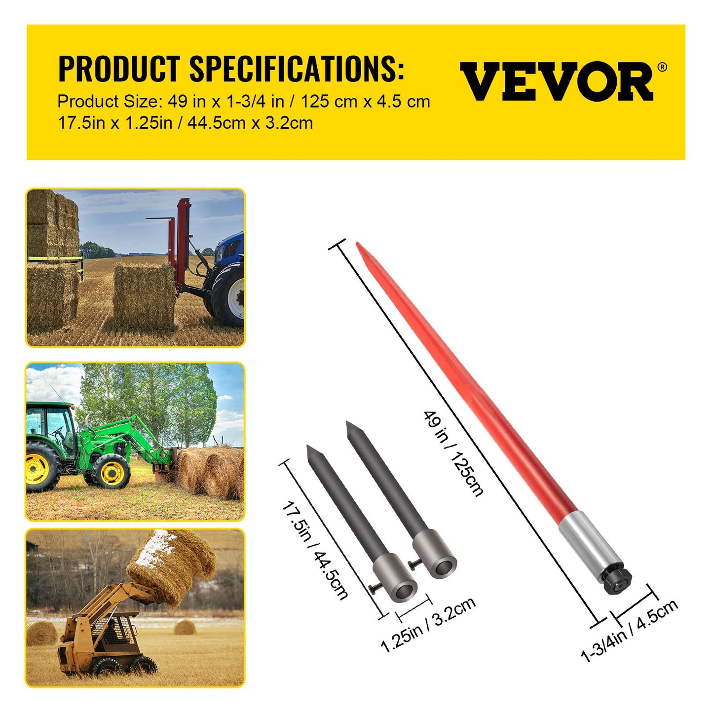 Hay Spear 49" Bale Spear 3000 lbs Capacity, Bale Spike Quick Attach Square Hay Bale Spears, Red Coated Bale Forks, Bale Hay Spike with 2 Stabilizer Spears