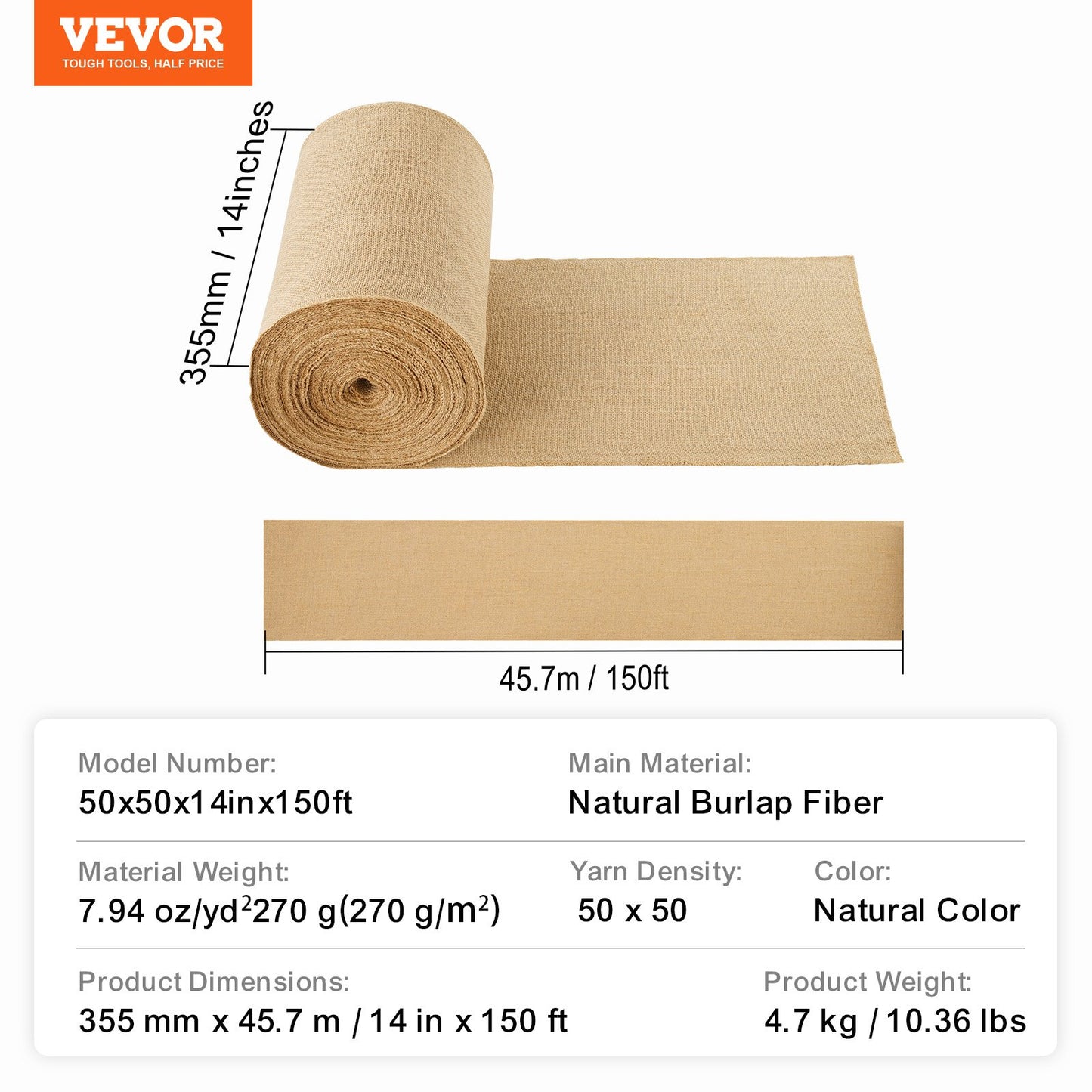 Burlap Fabric Roll, 14” x 150 ft & 50 x 50 High Density Wide Natural Burlap Fabric Rolls, Jute Fabric Burlap Tree Wrap Roll, for Decor, Crafts, Wedding, Gardening, Plant & Tree Winter Covering