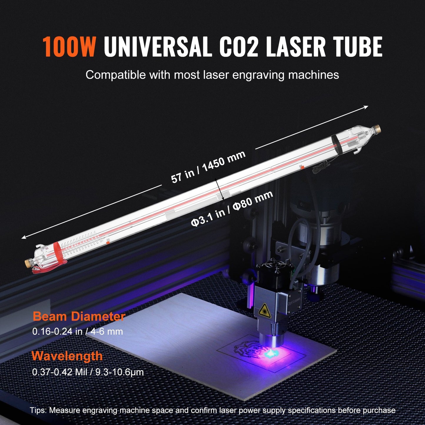 100W CO2 Laser Tube, 57 in (1450 mm) Length, 3.1 in (80 mm) Dia Borosilicate Glass Laser Cutter Tube with Metal Head, 10,000hr Wires Preconnected for Laser Engraver Engraving Cutting Machine