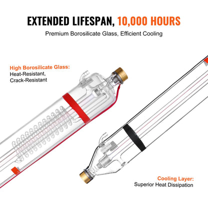 100W CO2 Laser Tube, 57 in (1450 mm) Length, 3.1 in (80 mm) Dia Borosilicate Glass Laser Cutter Tube with Metal Head, 10,000hr Wires Preconnected for Laser Engraver Engraving Cutting Machine