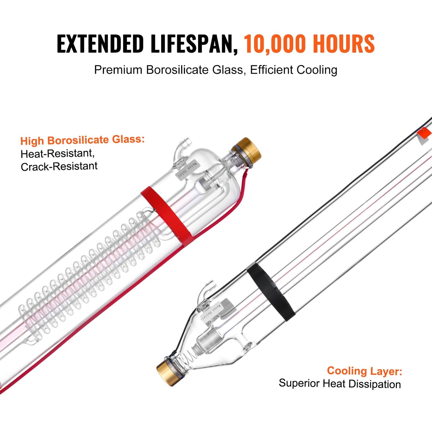 130W CO2 Laser Tube, 65 in (1650 mm) Length, 3.1 in (80 mm) Dia Borosilicate Glass Laser Cutter Tube with Metal Head, 10,000hr Wires Preconnected for Laser Engraver Engraving Cutting Machine