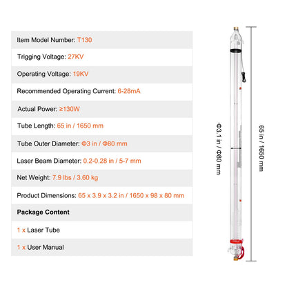 130W CO2 Laser Tube, 65 in (1650 mm) Length, 3.1 in (80 mm) Dia Borosilicate Glass Laser Cutter Tube with Metal Head, 10,000hr Wires Preconnected for Laser Engraver Engraving Cutting Machine