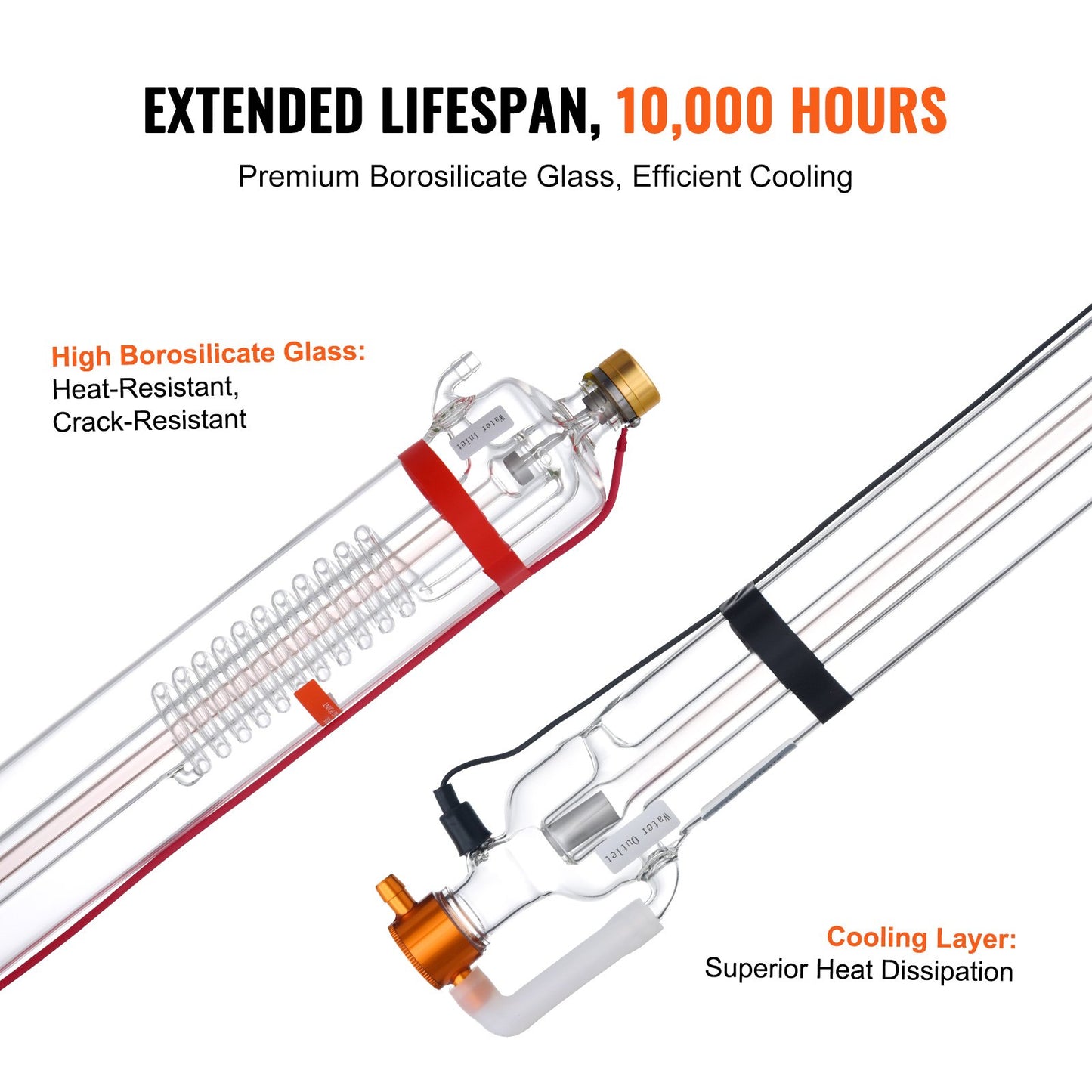 90W CO2-laserrör, 49,2 tum (1250 mm) längd, 3,1 tum (80 mm) diameter, laserskärrör i borsilikatglas med metallhuvud, 10 000 timmars kablar förkopplade för lasergravyr- och skärmaskin