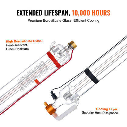 90W CO2-laserrör, 49,2 tum (1250 mm) längd, 3,1 tum (80 mm) diameter, laserskärrör i borsilikatglas med metallhuvud, 10 000 timmars kablar förkopplade för lasergravyr- och skärmaskin