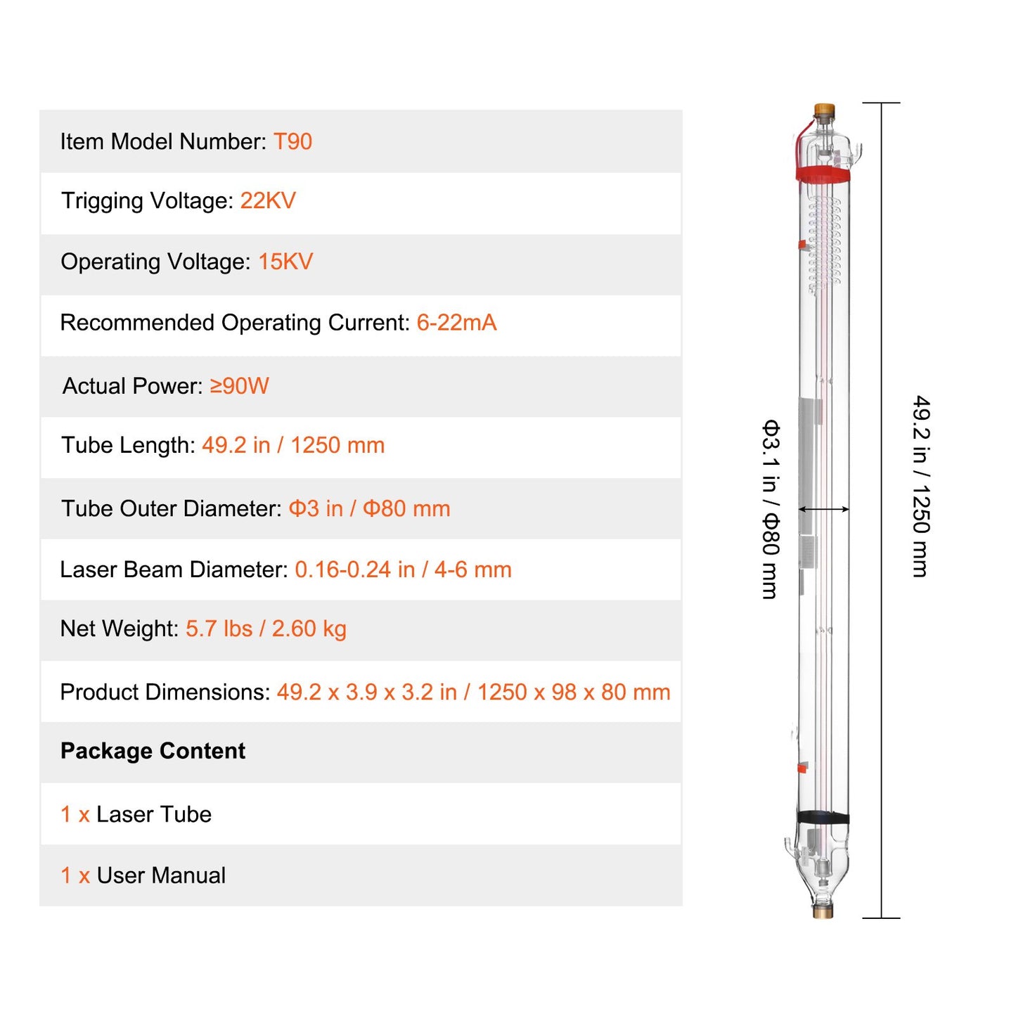 90W CO2-laserrör, 49,2 tum (1250 mm) längd, 3,1 tum (80 mm) diameter, laserskärrör i borsilikatglas med metallhuvud, 10 000 timmars kablar förkopplade för lasergravyr- och skärmaskin