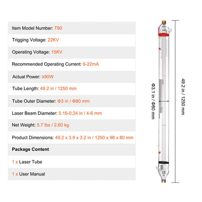 90W CO2-laserrör, 49,2 tum (1250 mm) längd, 3,1 tum (80 mm) diameter, laserskärrör i borsilikatglas med metallhuvud, 10 000 timmars kablar förkopplade för lasergravyr- och skärmaskin