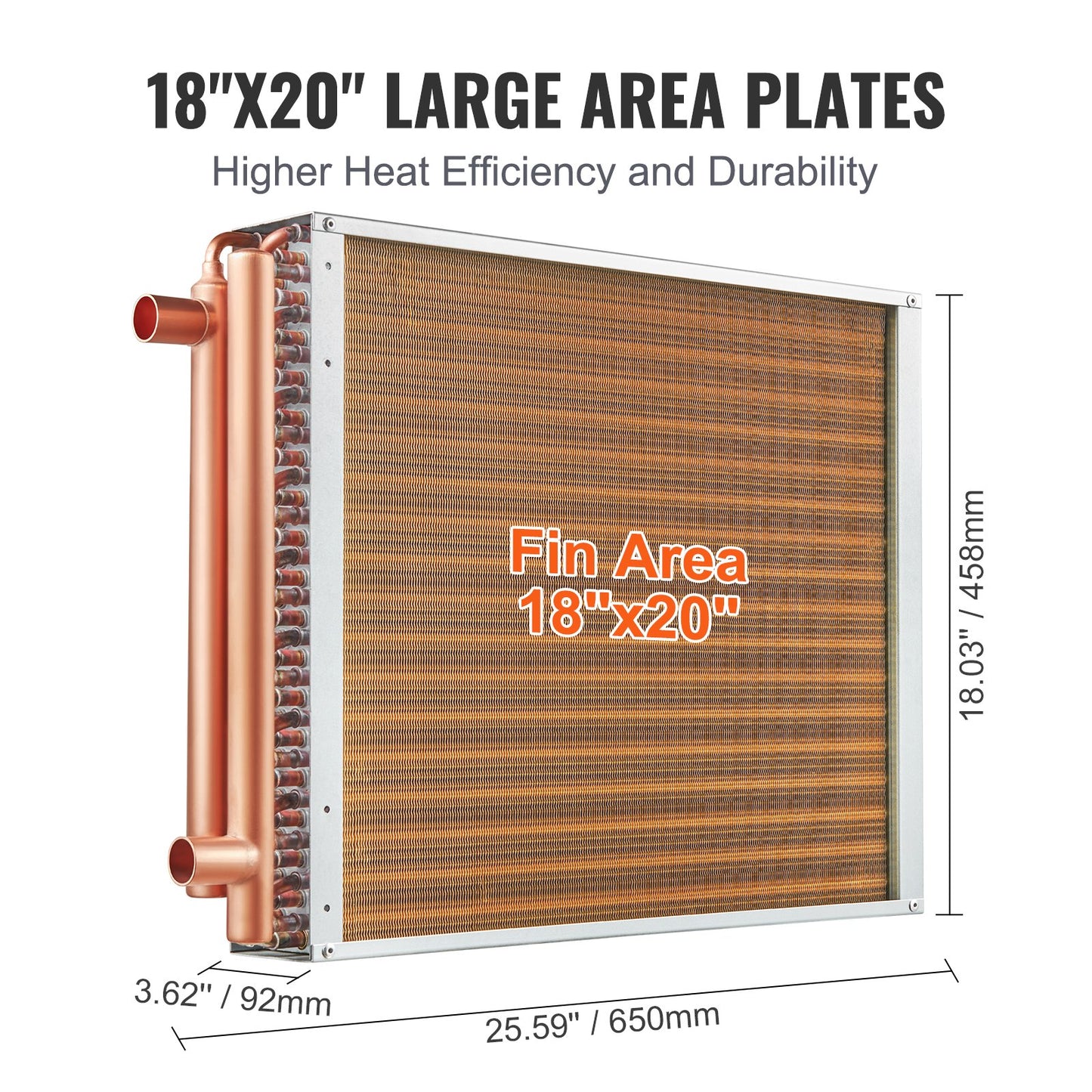 18"x 20"/45.7 x 50.8 cm Heat Exchanger Water to Air 3-Row 3/8"/ 1 cm Copper Ports 242 Fins