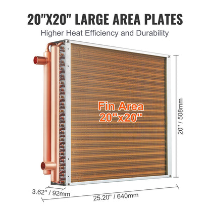 20"x 20"/50.8 x 50.8 cm Heat Exchanger Water to Air 3-Row 3/8"/ 1 cm Copper Ports 242 Fins