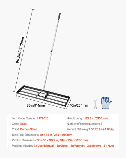 Lawn Leveling Rake, Lawn Leveler with 83.9 in Handle, 36x10 in Ground Plate, Rust-Resistant Carbon Steel Soil Leveler, 3 Heights Adjustable, Effort Saving Lawn Leveling Tool for Yard Golf Court