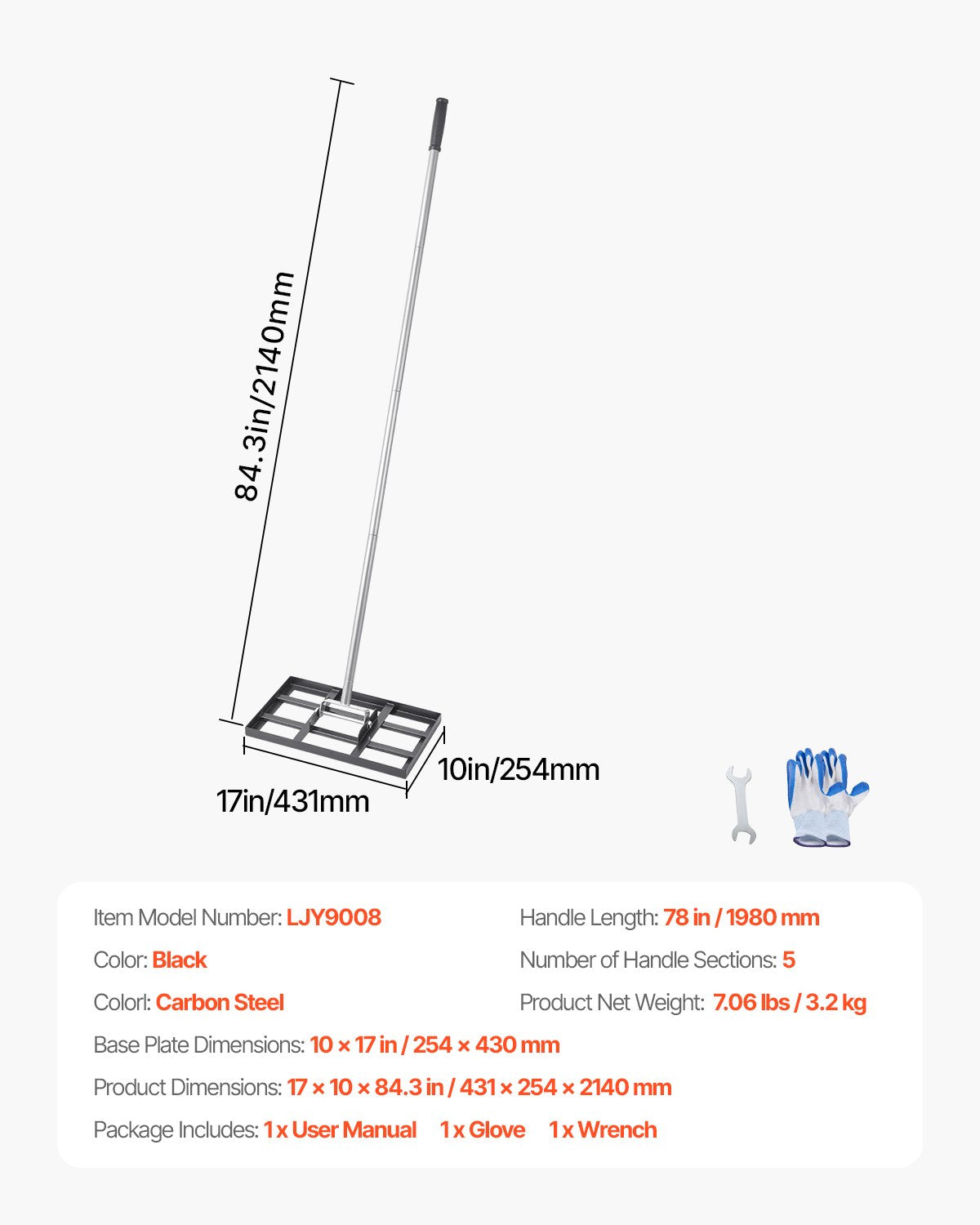 Gräsmattajämnare, gräsmattajämnare med 78 tums handtag, 17x10 tums markplatta, rostbeständig jordjämnare i kolstål, justerbar i 5 höjder, kraftbesparande gräsmattajämnare för golfbana på gården