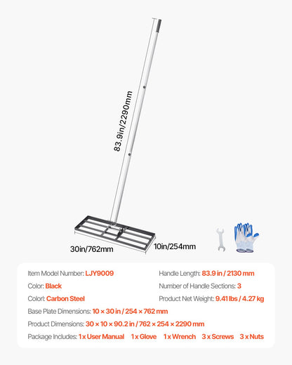Lawn Leveling Rake, Lawn Leveler with 83.9 in Handle, 30x10 in Ground Plate, Rust-Resistant Carbon Steel Soil Leveler, 3 Heights Adjustable, Effort Saving Lawn Leveling Tool for Yard Golf Court