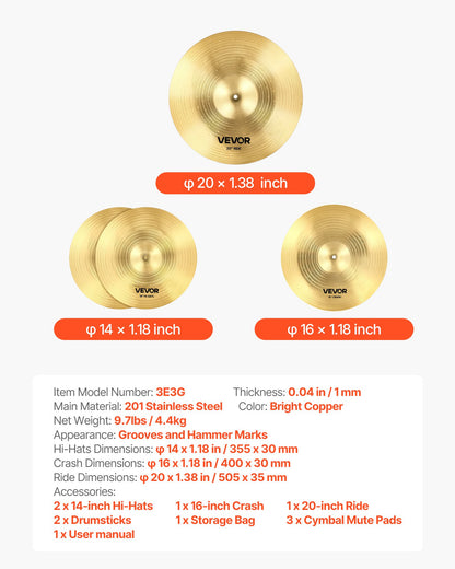 Cymbalpaket 3 delar cymbaler trumset 355/400/505 mm (14 16 20 tum) cymbaler för trummor