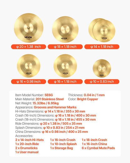 Cymbal Pack 6 Pieces Cymbal Set 254/355/400/455/505 mm (10 14 16 18 20 Inches) Cymbals for Drum