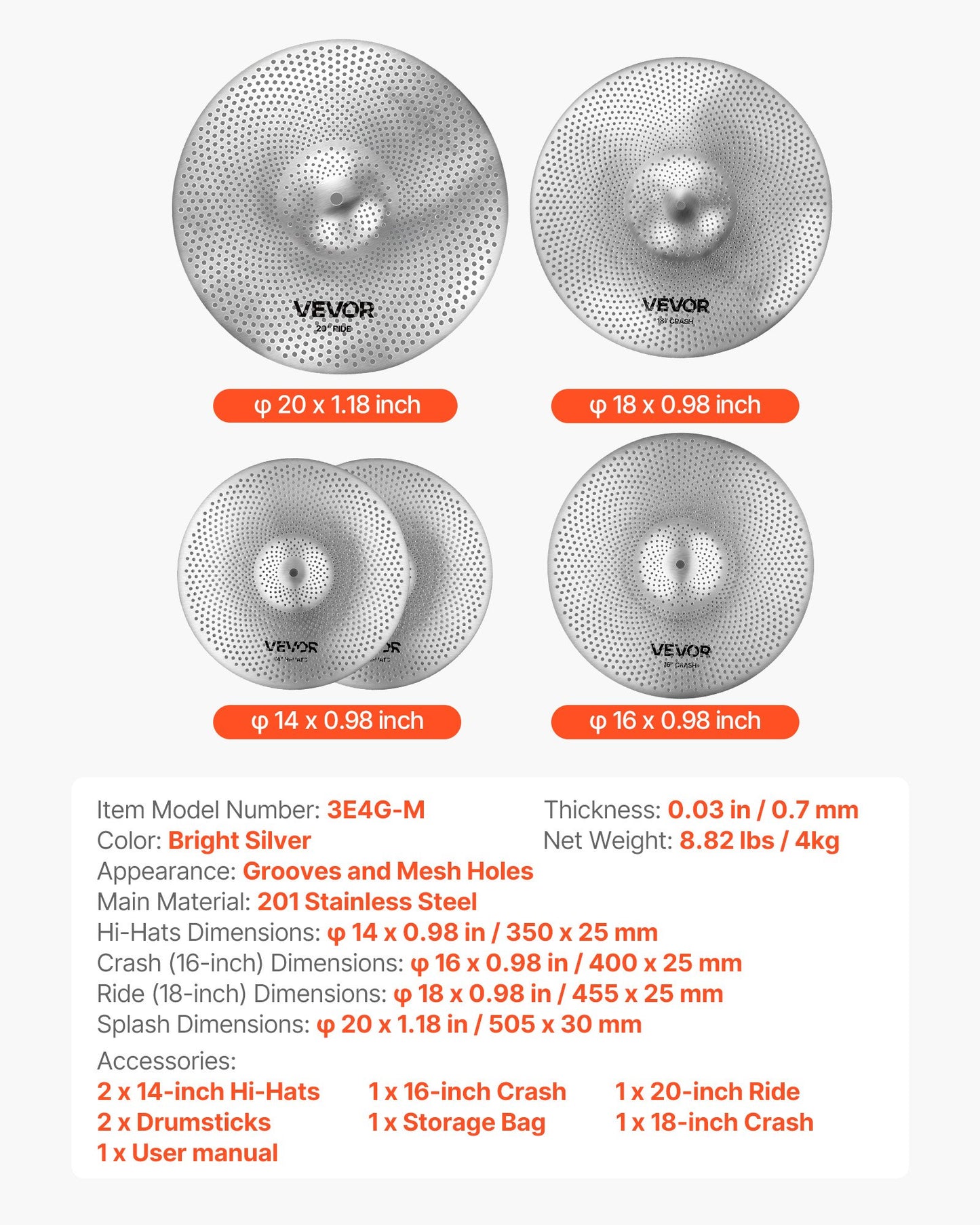 Low Volume Cymbal Pack 4 Pieces 350/400/455/505 mm (14/16/18/20 Inches) Alloy Cymbals for Drum