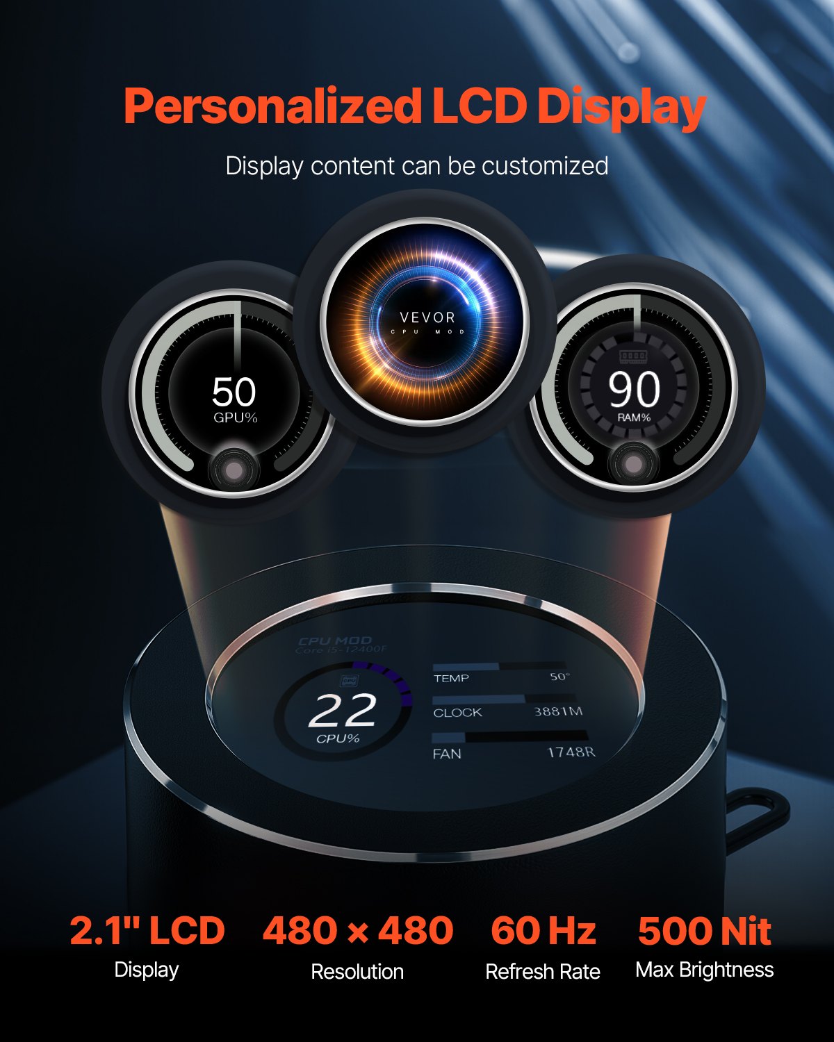 CPU Liquid Cooler, AIO CPU Water Cooler - 120mm PWN Fans & Pump, Customizable Black PC Liquid Cooler with 2.1" LCD Display & ARGB light, for Intel 115X/1366/2011/1700/1200, AMD AM4/AM5