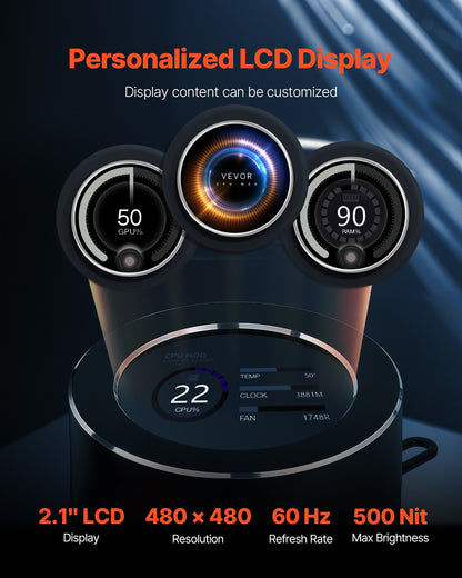 CPU Liquid Cooler, AIO CPU Water Cooler - 120mm PWN Fans & Pump, Customizable Black PC Liquid Cooler with 2.1" LCD Display & ARGB light, for Intel 115X/1366/2011/1700/1200, AMD AM4/AM5