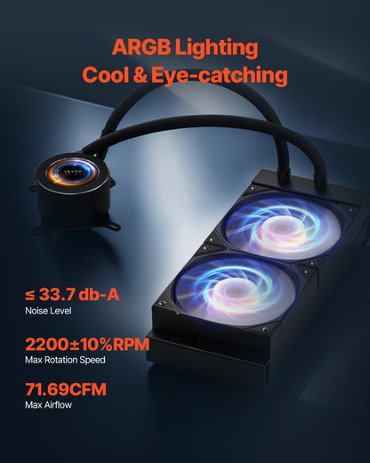 CPU Liquid Cooler, AIO CPU Water Cooler - 120mm PWN Fans & Pump, Customizable Black PC Liquid Cooler with 2.1" LCD Display & ARGB light, for Intel 115X/1366/2011/1700/1200, AMD AM4/AM5