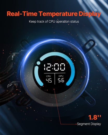 CPU Liquid Cooler, AIO CPU Water Cooler - 120mm PWN Fans, Pump, 1.8" Display, Max. 2200RPM CPU Cooling Fan, Efficient Black PC Water Cooler for Intel 115X/1366/2011/1700/1200, AMD AM4/AM5