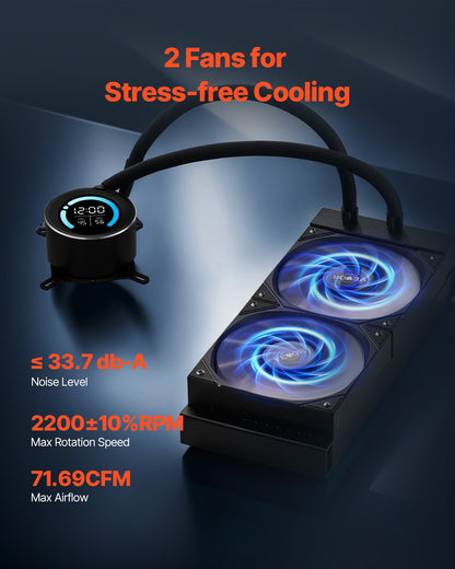 CPU Liquid Cooler, AIO CPU Water Cooler - 120mm PWN Fans, Pump, 1.8" Display, Max. 2200RPM CPU Cooling Fan, Efficient Black PC Water Cooler for Intel 115X/1366/2011/1700/1200, AMD AM4/AM5
