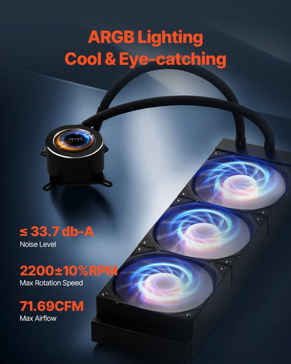 CPU Liquid Cooler, AIO CPU Water Cooler - 3 x 120mm PWN Fans & Pump, Customizable Black PC Liquid Cooler with 2.1" LCD Display & ARGB light, for Intel 115X/1366/2011/1700/1200, AMD AM4/AM5