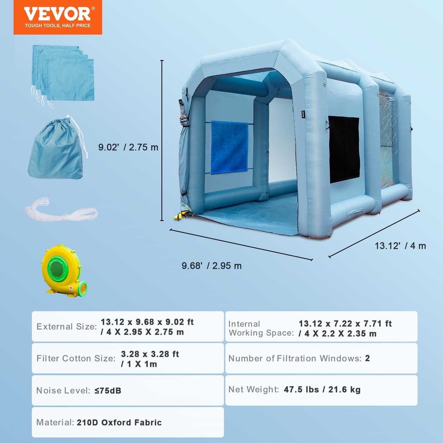 Inflatable Spray Booth Car Paint Tent 396 cm x 305 cm x 274 cm Filter System Blower 950W