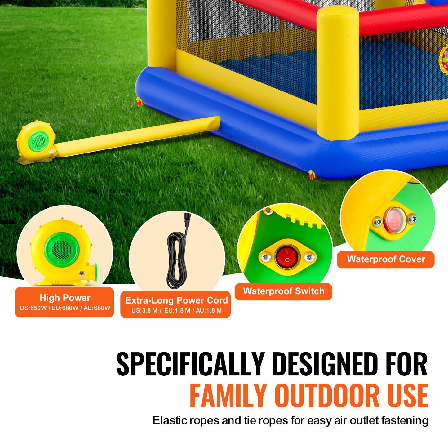 Inflatable Bounce House, Outdoor High Quality Playhouse Trampoline, Jumping Bouncer with Blower, Slide, and Storage Bag, Family Backyard Bouncy Castle, for Kid Ages 3–10 Years, 177x173x80 inch