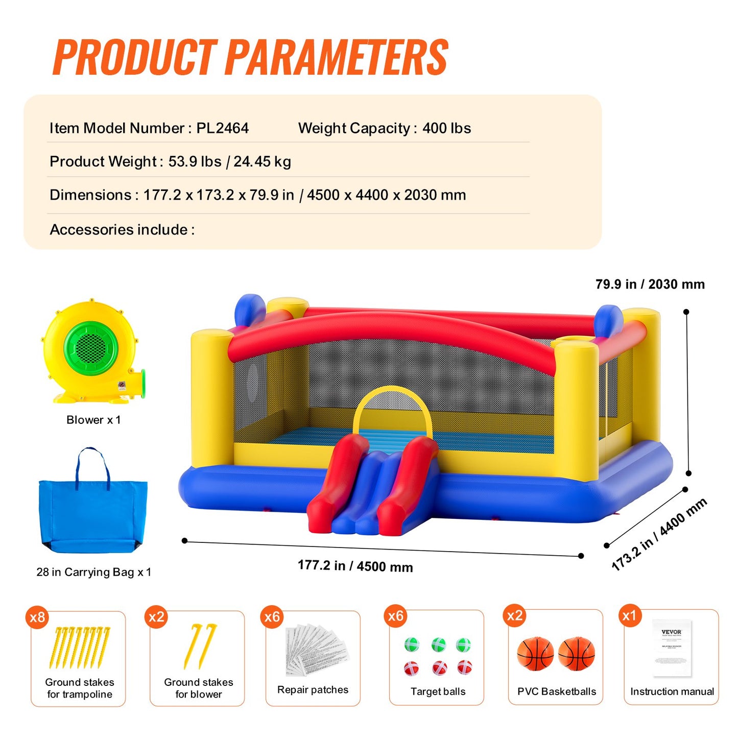 Inflatable Bounce House, Outdoor High Quality Playhouse Trampoline, Jumping Bouncer with Blower, Slide, and Storage Bag, Family Backyard Bouncy Castle, for Kid Ages 3–10 Years, 177x173x80 inch