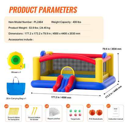 Inflatable Bounce House, Outdoor High Quality Playhouse Trampoline, Jumping Bouncer with Blower, Slide, and Storage Bag, Family Backyard Bouncy Castle, for Kid Ages 3–10 Years, 177x173x80 inch