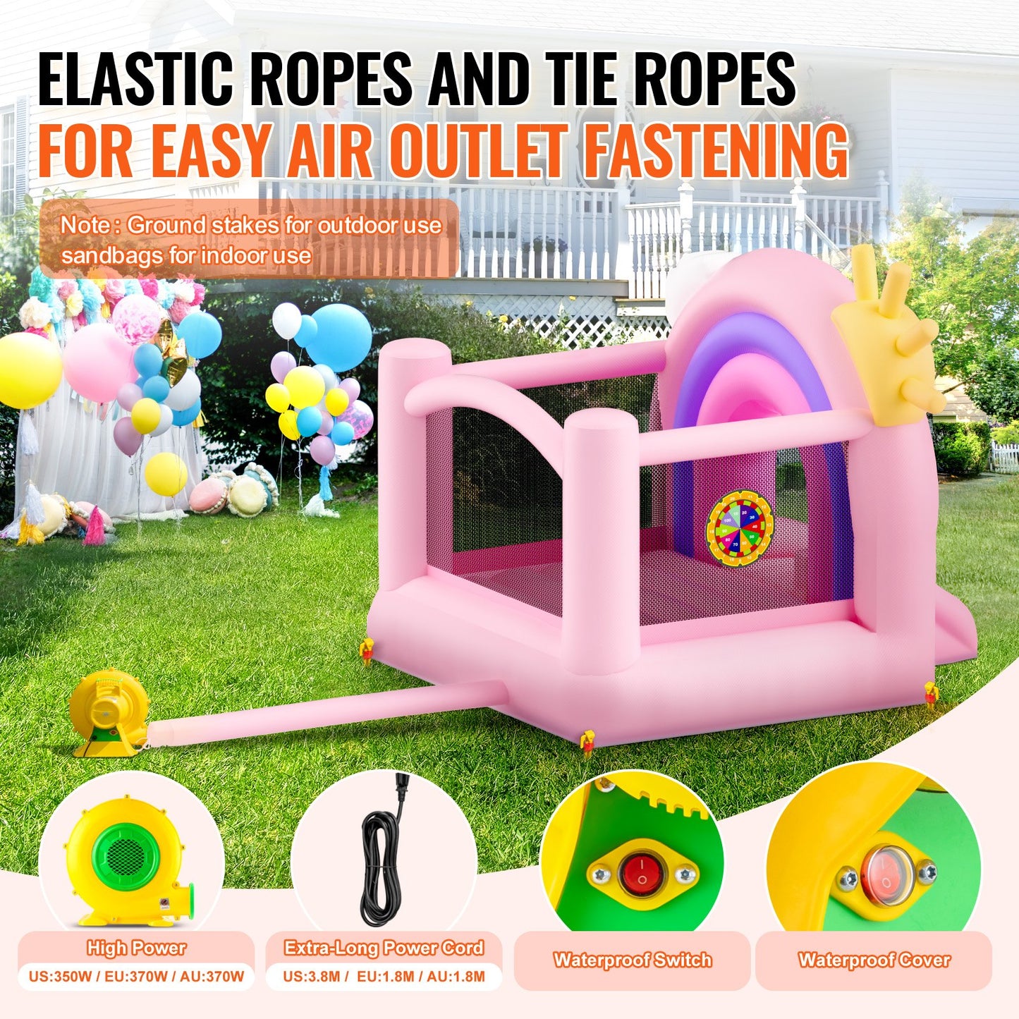 Uppblåsbar hoppborg, lekstuga för inomhus och utomhus, hoppborg för barn med fläkt, rutschkana, förvaringsväska, hoppborg för familjen, för flickor och pojkar i åldrarna 3–8 år, 280x232x232 cm