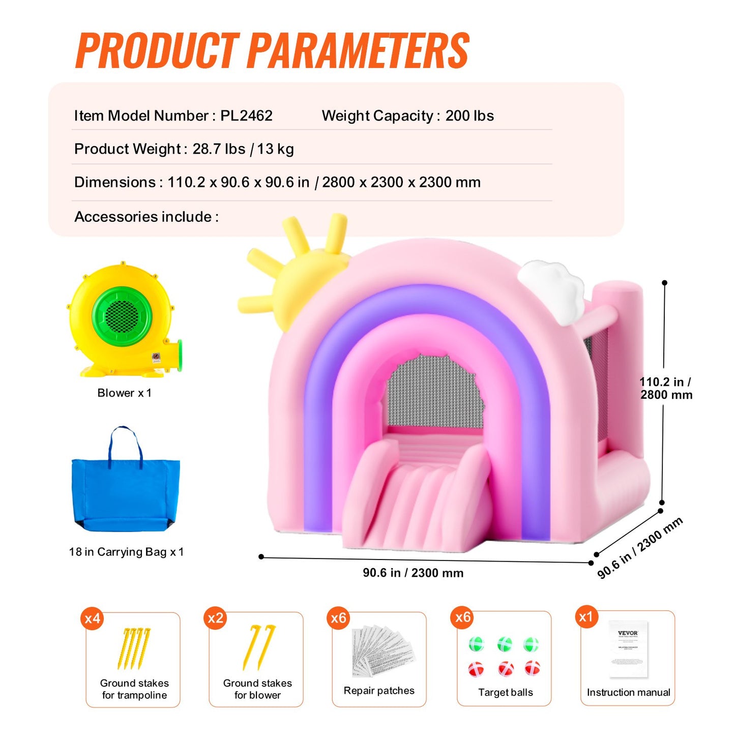 Uppblåsbar hoppborg, lekstuga för inomhus och utomhus, hoppborg för barn med fläkt, rutschkana, förvaringsväska, hoppborg för familjen, för flickor och pojkar i åldrarna 3–8 år, 280x232x232 cm