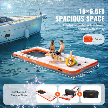 Inflatable Floating Dock, 15x6.5FT Inflatable Dock Platform with 4*6FT Trampoline Mesh Pool, Non-Slip Floating Platform Water Mat with Portable Bag & Detachable Ladder for Pool Beach Relaxation