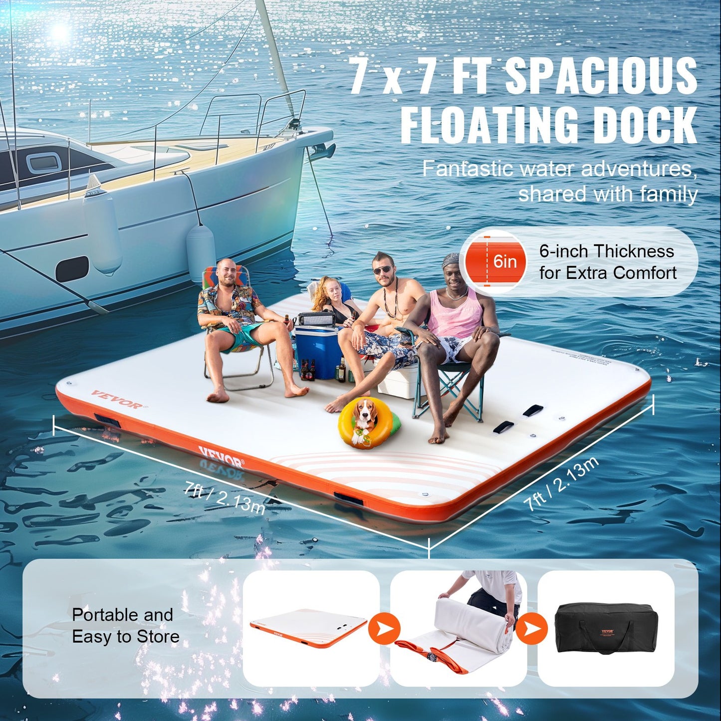 Inflatable Floating Dock,7 x 7FT Inflatable Dock Platform, Non-Slip Water Floating Dock Mat with Portable Carrying Bag & Detachable Ladder, Floating Platform Island Raft for Pool Beach Ocean