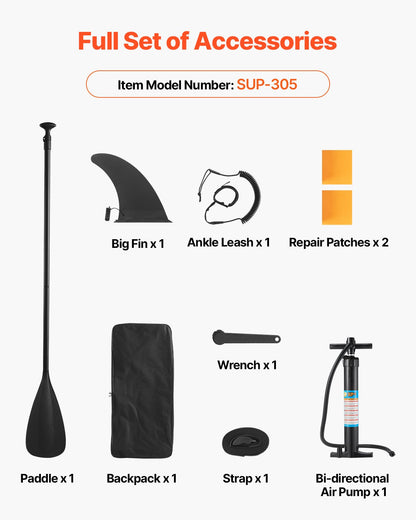 Uppblåsbar ståuppspaddelbräda, 3,05 m x 84 cm x 15 cm bred ultralätt SUP-paddelbräda, alla tillbehör ingår, pump, paddel, fena, ryggsäck, fotledsrem, rem, halkfritt däck för ungdomar, vuxna