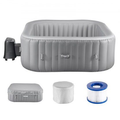 Inflatable Hot Tub, 4 to 6 Person Capacity, 1850 x 660mm Square Portable Outdoor Spa, with 130 Soothing Jets, Filter, Cover and Mat, Multi-function Control Panel, PVC Outdoor Hot Tub, Grey