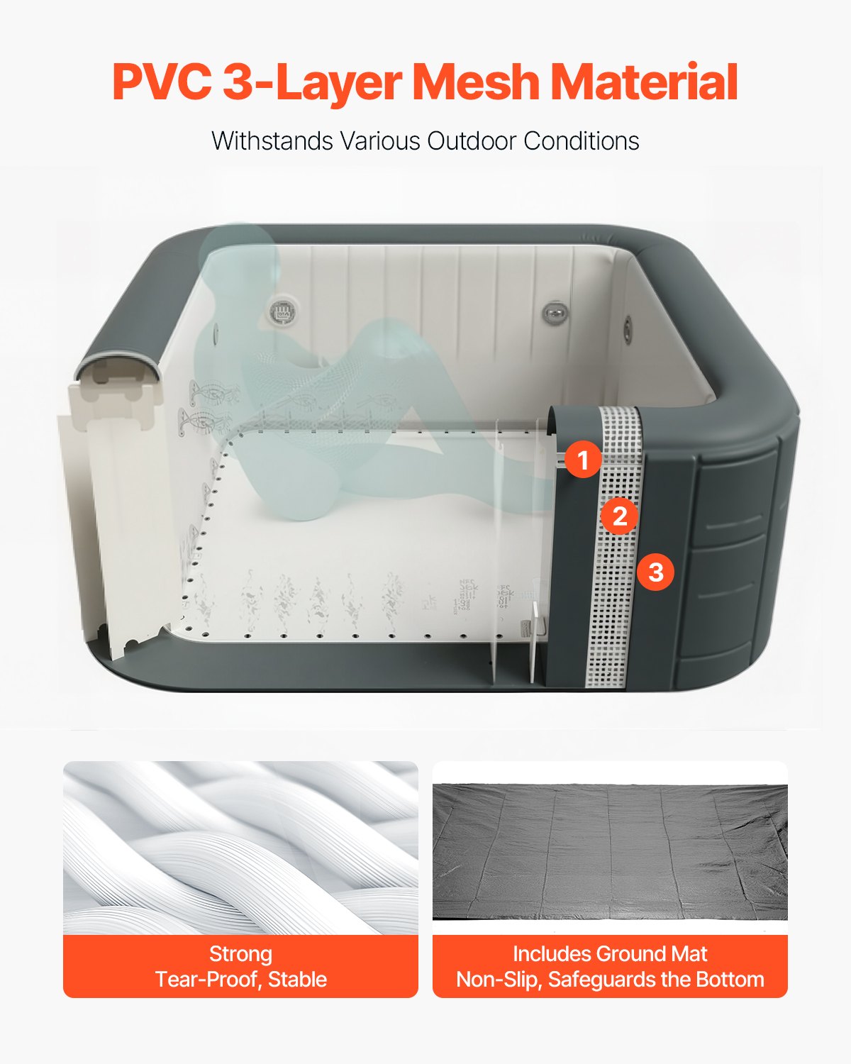 Inflatable Hot Tub, 4 to 6 Person Capacity, 1850 x 660mm Square Portable Outdoor Spa, with 130 Soothing Jets, Filter, Cover and Mat, Multi-function Control Panel, PVC Outdoor Hot Tub, Grey