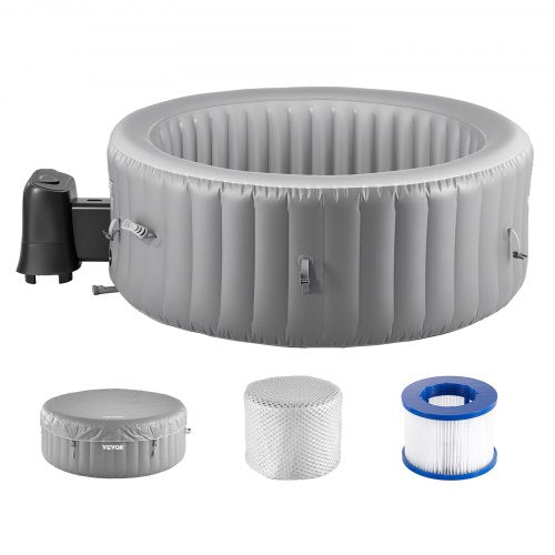 Uppblåsbar bubbelpool, kapacitet 4 till 6 personer, 2080 x 660 mm runt bärbart utomhusspa, med 130 lugnande jetstrålar, filter, lock och matta, multifunktionskontrollpanel, PVC-utomhusbubbelpool, grå