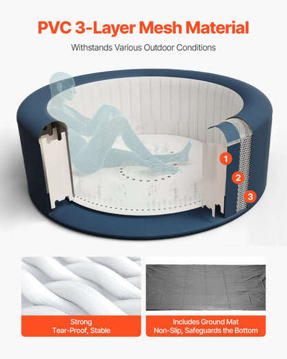 Uppblåsbar bubbelpool, kapacitet 4 till 6 personer, 2080 x 660 mm runt bärbart utomhusspa, med 130 lugnande jetstrålar, filter, lock och matta, multifunktionskontrollpanel, PVC-utomhusbubbelpool, grå