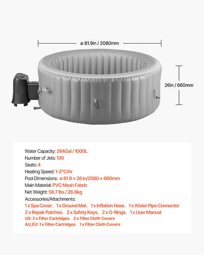 Uppblåsbar bubbelpool, kapacitet 4 till 6 personer, 2080 x 660 mm runt bärbart utomhusspa, med 130 lugnande jetstrålar, filter, lock och matta, multifunktionskontrollpanel, PVC-utomhusbubbelpool, grå