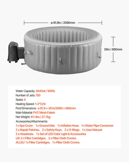 Inflatable Hot Tub, 4 to 6 Person Capacity, 2080 x 660mm Round Portable Outdoor Spa, with 130 Soothing Jets, Headrest, LED Light, Cover, Multi-function Control Panel, PVC Outdoor Hot Tub, Grey