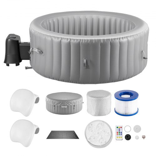 Inflatable Hot Tub, 6 to 8 Person Capacity, 2400 x 660mm Round Portable Outdoor Spa, with 130 Soothing Jets, Headrest, LED Light, Cover, Multi-function Control Panel, PVC Outdoor Hot Tub, Grey