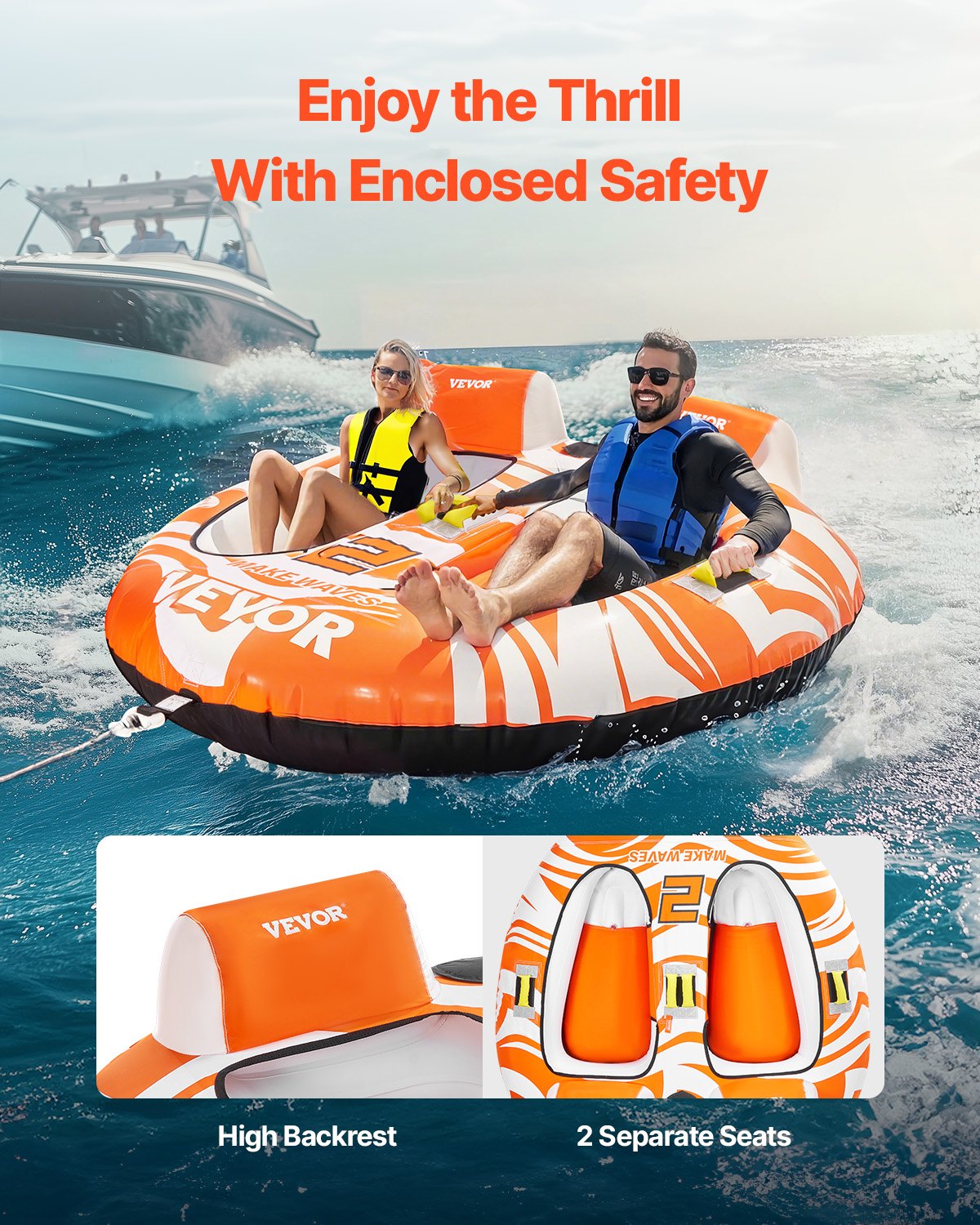 Towable Tubes for Boating 2 Person, Inflatable Boat Tubes and Towables with 2 Cockpits, 340lbs Water Sport Tubes for Boat to Pull - with 840D Full Nylon Cover, Padded Grab Handles & Safety Valve