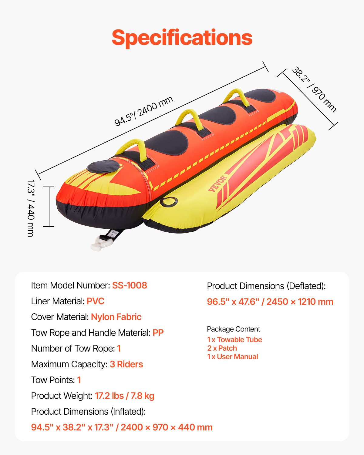 Towable Tubes for Boating, 1-3 Riders Inflatable Boat Tubes and Towables, 510lbs Capacity Hot Dog Water Sport Tube for Boat to Pull - with Full Nylon Cover, Padded Handles & Speed Safety Valve